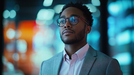 A young business analyst wearing a tailored light-gray suit and a pastel shirt, standing confidently in a high-tech workspace with holographic charts faintly visible in the blurred background