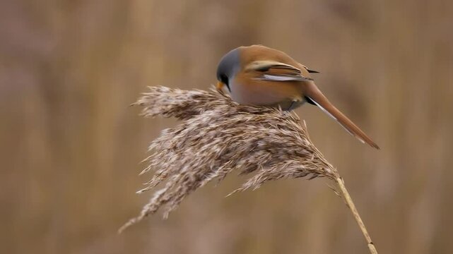 Bearded reedling - Panurus biarmicus beautiful long-tailed passerine bird found in reed beds near water in Eurasia, also Bearded tit or Bearded parrotbill, family Panuridae, feed on the reed