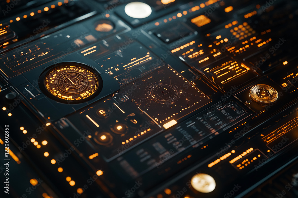 Poster Futuristic cryptocurrency dashboard with glowing Bitcoin elements and digital interface