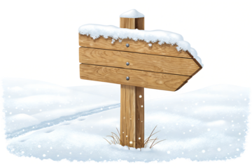 Wooden snow-covered sign isolated on transparent or white background