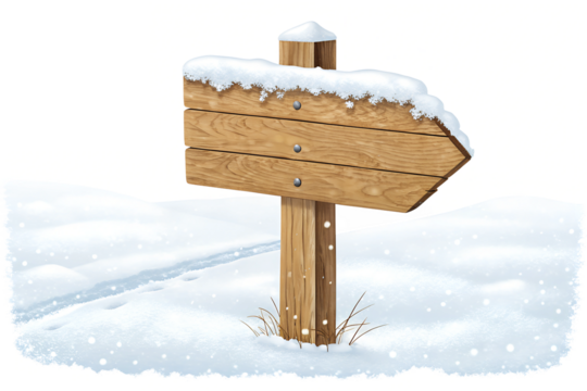 Wooden snow-covered sign isolated on transparent or white background
