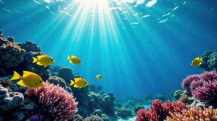 Naklejka premium Sunbeams Illuminate Vibrant Coral Reef and Yellow Fish Swimming in Tranquil Ocean