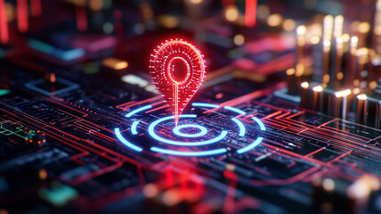 Abstract digital rendering of a glowing red location marker icon on a circuit board, surrounded by blue and red concentric circles, conveying concepts of technology, location, navigation, and data.