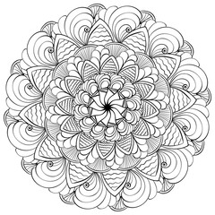 Abstract doodle mandala with spirals and striped petals, meditative coloring page for activity and design
