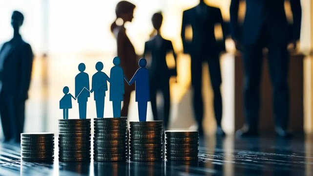 Paper people standing on a coin stacks. Insightful Analysis of Investment. Business Metrics, Performance Trends. Visual representation shows growth, success, achievement. Income gap. Market recovery