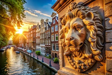 Amsterdam Canal House Lion Head Detail - Historic Keizersgracht Building Facade, Netherlands