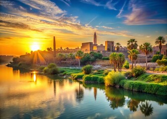 Fototapeta premium Ancient Egyptian Artifacts and Scenic Luxor Landscape: Sunrise over the Nile River and Temples