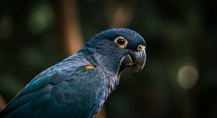 Obraz premium A beautiful parrot perched in a dark forest with sun backlight shining through the trees