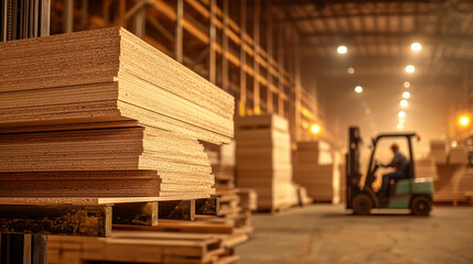 Heavy-duty particleboard sheets are stacked on a forklift in a busy warehouse, surrounded by workers and machines in constant motion. The high-energy environment is enhanced by sof
