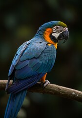 Obraz premium A beautiful parrot perched in a dark forest with sun backlight shining through the trees