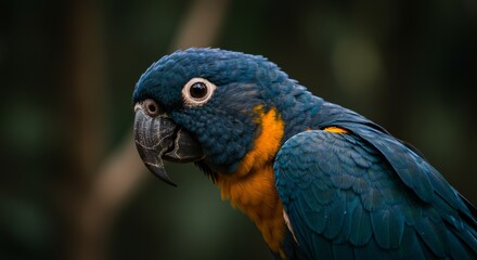 Fototapeta premium A beautiful parrot perched in a dark forest with sun backlight shining through the trees