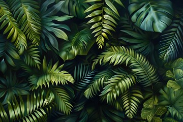 A hyper-realistic close-up of overlapping tropical leaves with deep green hues and detailed vein patterns. The leaves are lush and glossy, creating a rich and vibrant composition.
