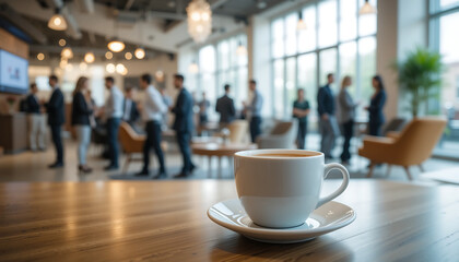 Coffee cup on table in bright modern lounge area with professionals networking