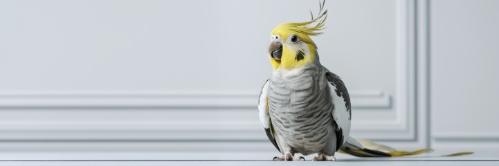 Obraz premium A banner with a picture of a cockatoo parrot on a snow-white background. The parrot's plumage is yellow, white and grey. A banner with a place to copy it.