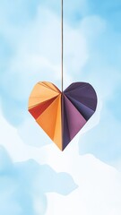 Colorful origami heart against blue sky for creative craft projects