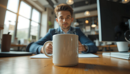 Coffee mug with steam at a modern desk as an employee starts their day