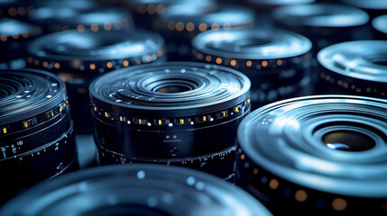 Poster of film negative on gold background with double exposure photography. AI generative.