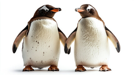 Obraz premium Two gentoo penguins standing side by side together in perfect harmony isolated on white background, showing affection and companionship