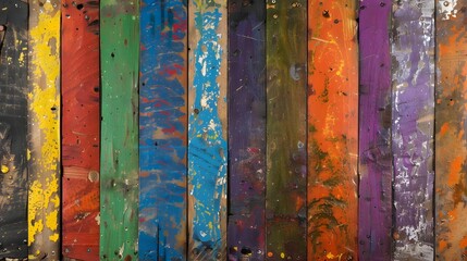 A hyper-realistic close-up of vertically arranged aged wooden planks, each painted with a different vibrant color including red, orange, yellow, green, blue, and purple. The paint shows signs of weath