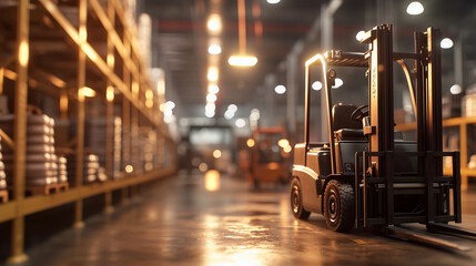 Close-up of a forkliftâs lifting arms in a large, busy warehouse, with the rest of the warehouse activity softly blurred in the background. The warehouse shelves are stocked with p