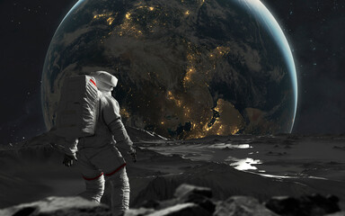 3D illustration of astronaut in spacesuit at the surface of Moon looks at Earth. High quality digital cosmic sci-fi art in 5K - realistic visualization