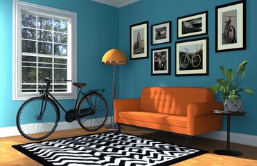 Blue room with a bicycle and a black and white rug on the floor, a vintage lamp in front of a blue wall