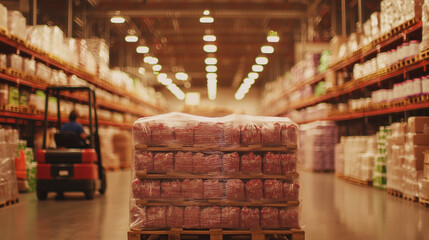 A pallet of shrink-wrapped food packages stands in the center of a bustling warehouse. Forklifts maneuver around the space, while organized shelves of goods stretch in the backgrou