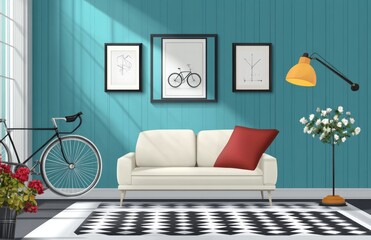 Blue wall with a black and white geometric rug, a bicycle on the floor against the blue walls in the modern home interior design of the living room