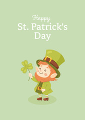 St. patricks day. A postcard of a cute leprechaun with clover
