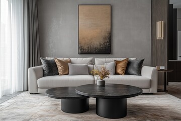 A modern Contemporary interior design style living room featuring a stylish white sofa adorned with gray and gold cushions. Two round black coffee tables sit on a light rug.