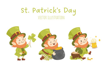 St. Patricks Day, clip art, cute leprechaun set, with gold, clover