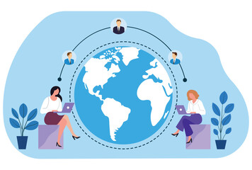 Global teamwork illustration featuring professionals connected worldwide via technology, symbolizing remote work, global communication, networking, collaboration, and international business connection