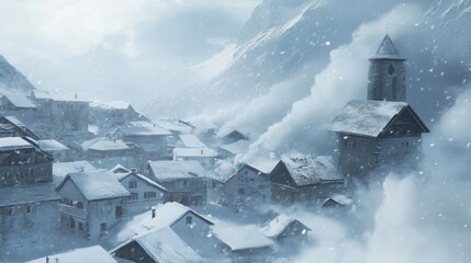 Blizzard sweeping through an alpine village, roofs covered in thick snow