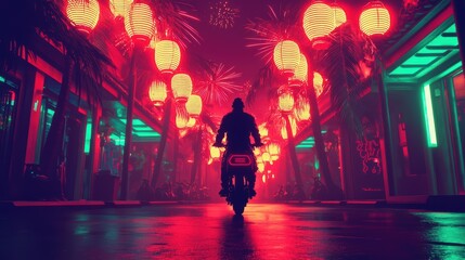 A motorcyclist rides through a vibrant, neon-lit street adorned with glowing lanterns, creating a striking atmosphere of urban nightlife, Chinese, Lunar, NewYear.