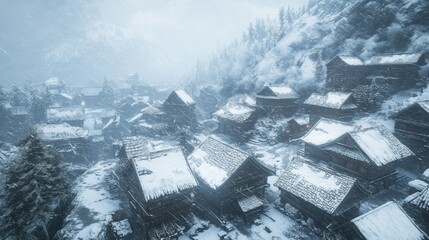 Blizzard sweeping through an alpine village, roofs covered in thick snow