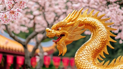 Obraz premium A golden dragon sculpture stands majestically amid blooming cherry blossoms in a vibrant setting, Chinese-Lunar New year.