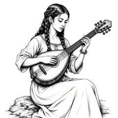 Woman with braids playing a mandolin sitting on a rock with transparent background