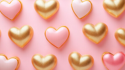Obraz premium Valentines day pattern background with gold and pink hearts on a pink background. Love symbol.