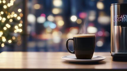 steaming cup of coffee sits on plate beside coffee machine, creating cozy atmosphere