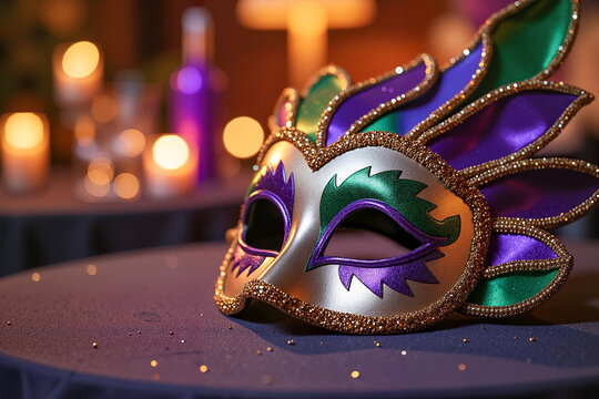 Colorful masquerade ball mask with vibrant feathers displayed on a table in dimly lit indoor setting, Mardi Gras celebration concept.