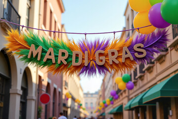 Festive Mardi Gras banner with vibrant feathers in a sunny outdoor carnival scene, celebration concept.