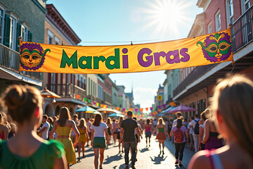 Vibrant Mardi Gras banner highlighting lively street carnival scene with colorful masks under radiant sunlight, celebration of culture and festivity.