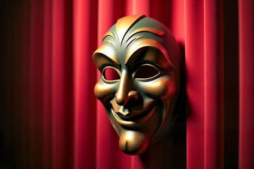 Theatrical Mardi Gras mask with exaggerated features against a rich red curtain, dramatic ambiance for festive celebration.