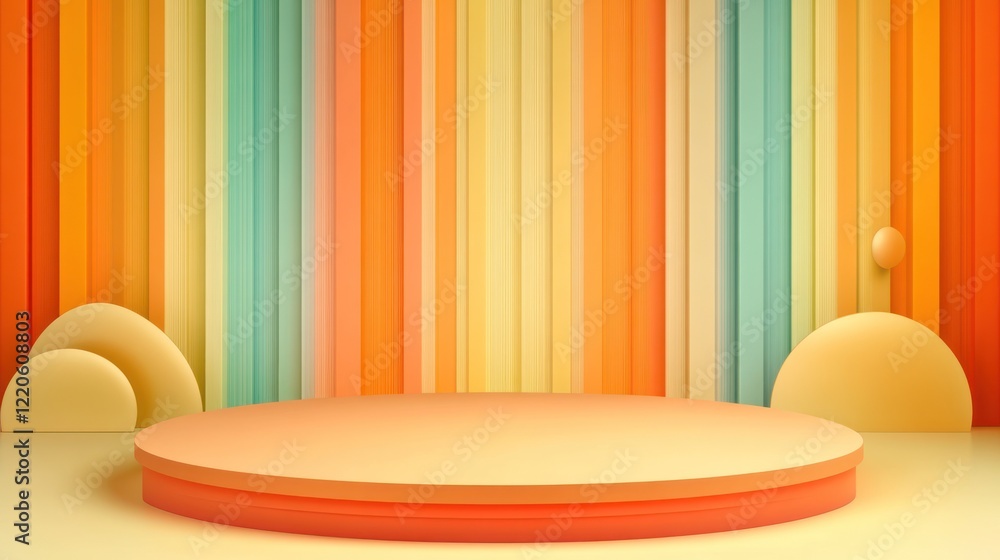 Poster pastel rainbow striped background with circular platform for product display