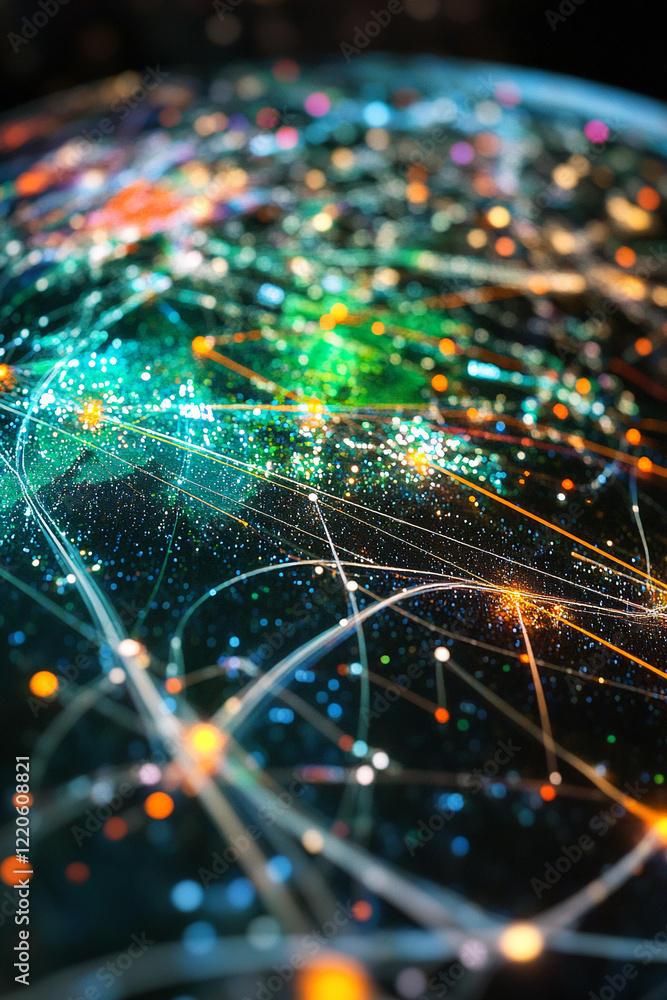 Poster Abstract network visualization with glowing connections and particles. Business background
