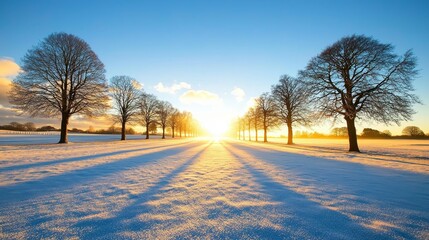 Obraz premium Frosty Winter Morning with Warm Sunrise Light and Tree Silhouettes on Fresh Snow