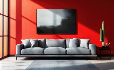 Red wall with a grey sofa and a black side table near a cactus artwork in a living room interior