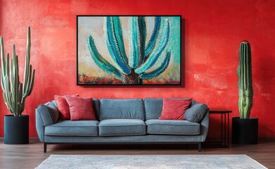 Red wall in the living room with a grey sofa and a black side table, a Scandinavian interior design of modern home decor