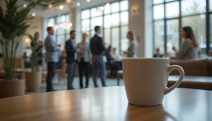 professionals network in modern lounge area with coffee cup in foreground
