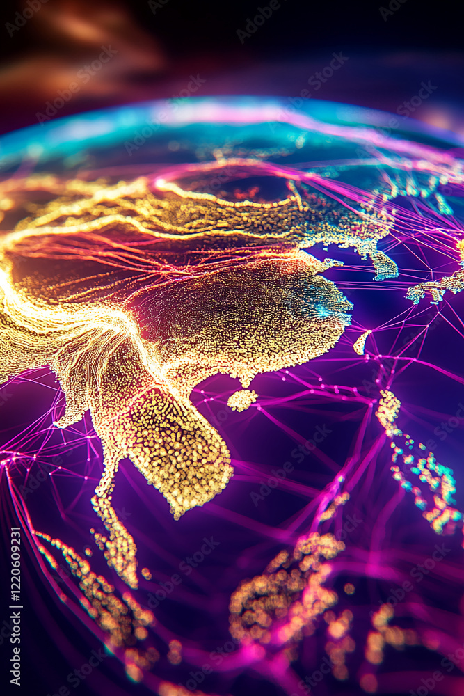 Poster Futuristic global network visualization with glowing connections and data streams. Business background